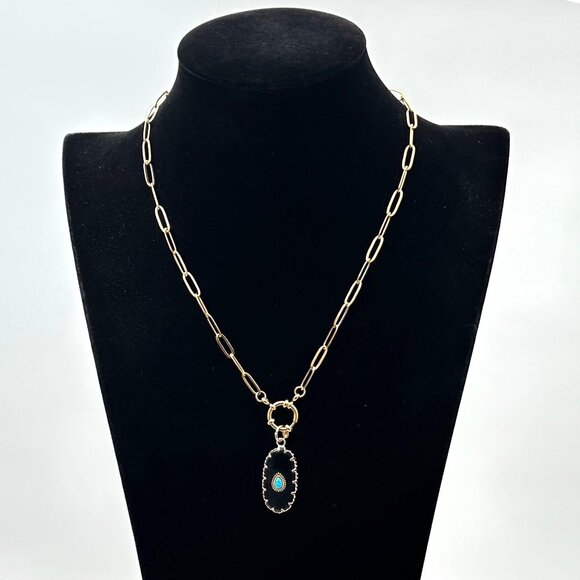 Black Onyx Turquoise Gemstone Pendant Necklace 18K Gold Plated Chain 17 Inch - Picture 7 of 9